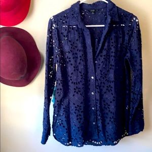 J Crew Navy eyelet button down shirt